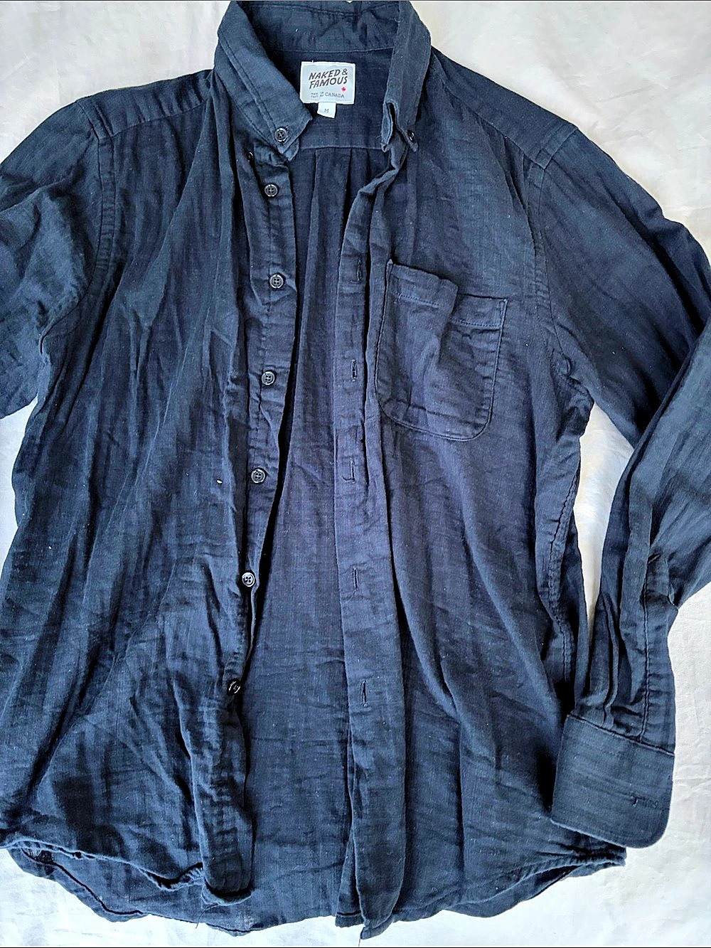 Naked & Famous Easy Shirt Double Weave Gauze Slub Black Cotton Black Button-Up